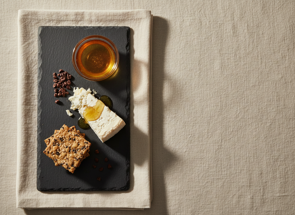 An overhead, photographic-real still life of a tasting board showcasing Melipona honey’s gourmet pairing potential: a narrow, matte slate platter holds a small glass bowl of honey, a slice of aged white cheese with a thin drizzle of honey, a minimalist stack of seeded artisan crackers, and a few cacao nibs. The board rests on a pale linen tablecloth with a subtle texture, folded crisply. Soft, warm side lighting from the right creates refined shadows and gentle highlights on the honey’s glossy surface and cheese rind. The composition is meticulously balanced yet uncluttered, with ample negative space and a calm, sophisticated palette of creams, charcoal, and gold, evoking a fine dining experience.