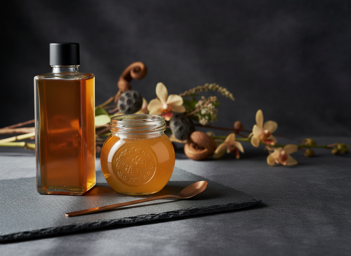 A meticulously arranged still life of premium Melipona honey products: a tall, square glass bottle with a black matte cap, a smaller round jar with a refined embossed label, and a slender tasting spoon resting diagonally across a slate serving board. The containers are partially filled, showcasing the honey’s varying amber and golden hues. Behind them, a blurred arrangement of dried rainforest flowers and seed pods adds organic sophistication. Soft, diffused window light from the left gently illuminates glass edges and metallic details, casting subtle shadows on the slate. Photographic realism, composed using the rule of thirds with ample negative space in a deep, velvety background, creating an upscale, boutique atmosphere suitable for a luxury brand homepage hero image.