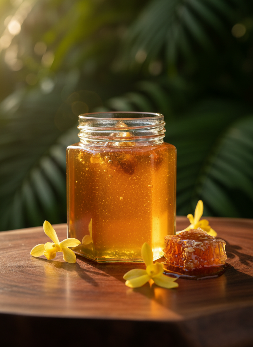 A crystal-clear hexagonal glass jar filled with dense, amber Melipona honey, its surface showing tiny trapped air bubbles and a slow, silky swirl. The jar rests on a dark, polished wooden slab of tropical hardwood, sprinkled with a few delicate yellow rainforest blossoms and a small honeycomb fragment. Soft, warm golden-hour sunlight falls from the side, creating luminous highlights within the honey and long, elegant shadows on the wood. The background fades into a subtly blurred, deep green suggestion of rainforest foliage. Photographic realism, shot at eye level with a shallow depth of field, creating a sophisticated, luxurious atmosphere that evokes rarity and natural refinement.
