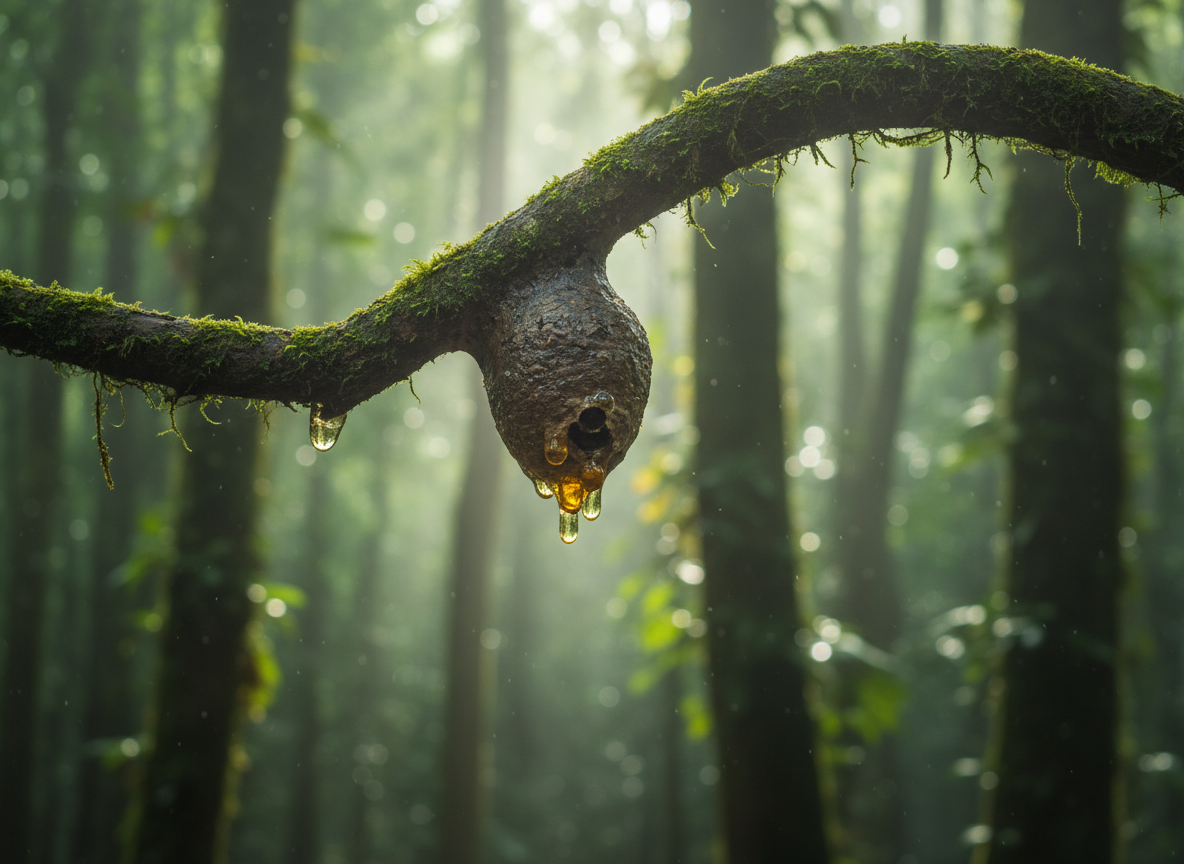 A serene rainforest vignette focusing on a single, moss-covered branch arching across the frame, supporting a small, naturally-formed Melipona hive tucked into a hollow. Droplets of honey glisten at the hive’s edge, catching the ambient forest light. The background dissolves into a soft blur of layered rainforest greens, with faint hints of distant tree trunks and hanging epiphytes. Early morning light filters through dense foliage, creating a gentle, diffused glow and faint beams that highlight the moist air. Photographic realism, captured from a slightly low angle, with the hive positioned on an upper third of the frame. The mood is tranquil, mysterious, and reverent, evoking the untouched luxury of honey born in pristine rainforest ecosystems.