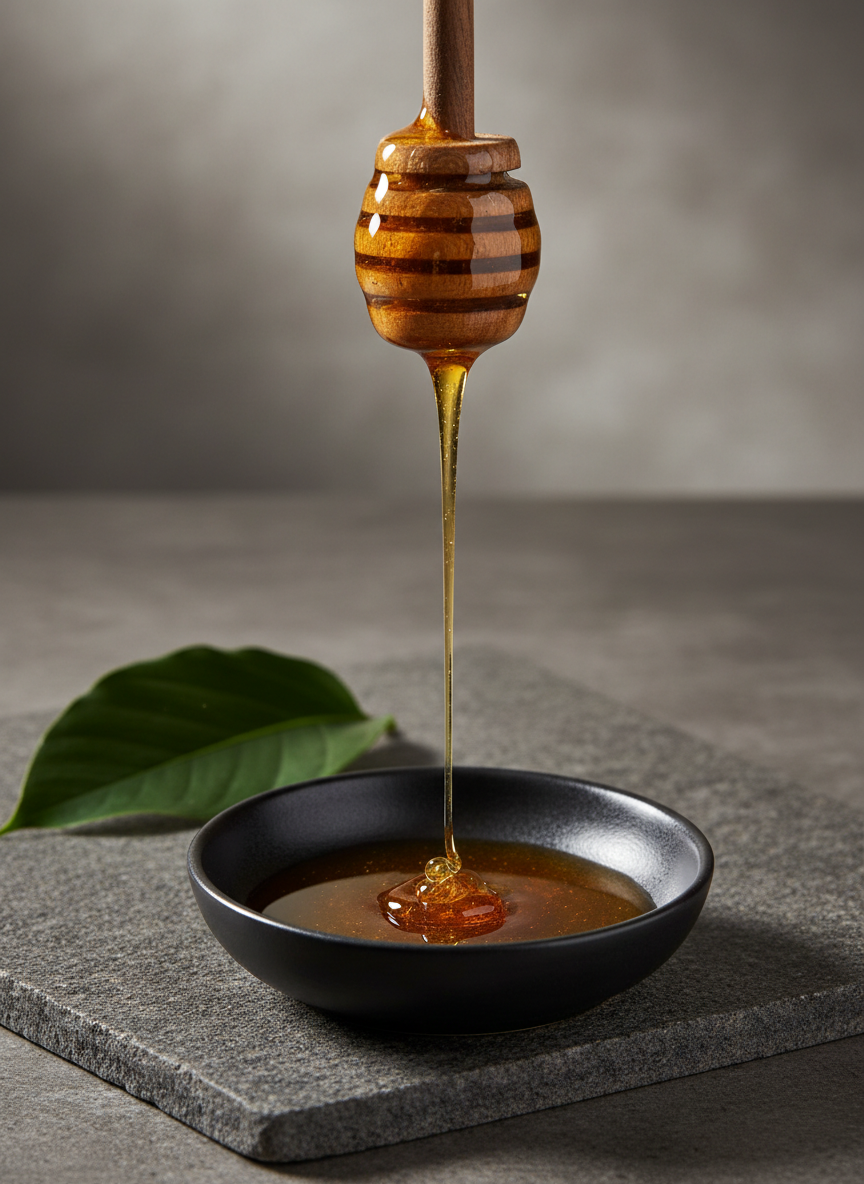 An elegant close-up of a honey dipper carved from dark, fine-grained wood, coated in a thick ribbon of Melipona honey that drapes slowly downward, forming a glistening, translucent thread. Below, a shallow, matte black ceramic dish catches the falling stream, already partially filled with the rich, golden liquid. The setting is a minimalist stone countertop in muted charcoal tones, with a single green leaf from a rainforest plant resting nearby. Soft studio lighting from above and slightly behind creates gentle specular highlights and refined shadows. Photographic realism, tight framing, and a shallow depth of field enhance texture and clarity, conveying a sophisticated, indulgent mood.