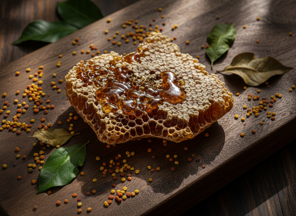 A cross-section of a wild Melipona hive, the wax comb appearing irregular and organic, with small hexagonal cells brimming with dense, dark-gold honey. The comb rests on a rich, dark wooden board, scattered with tiny pollen grains and a few rainforest leaves in varying emerald and olive tones. Overhead, diffused natural light mimics a forest canopy, speckling the scene with subtle highlights while keeping shadows soft and mysterious. Photographic realism with a slightly elevated angle reveals intricate textures of wax, honey, and wood. The color palette is deep and earthy, creating a scholarly, almost museum-like atmosphere that emphasizes the rarity and natural complexity of Melipona honey.