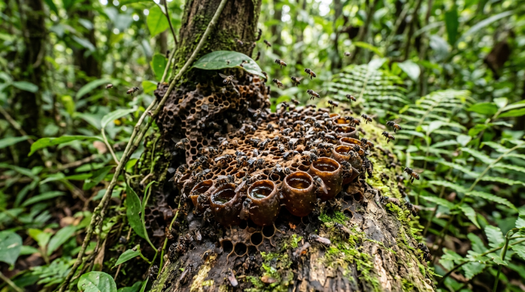Melipona bees flying around their nest with honey pots on a fallen mossy tree in a dense forest